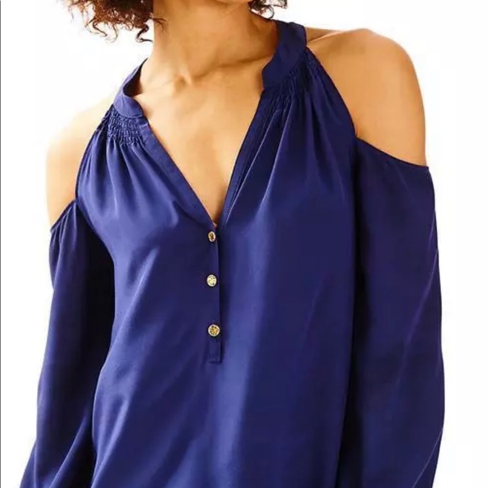 Lilly Pulitzer open shoulder navy blouse Med NWT